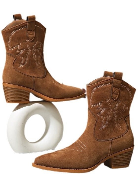 Botas retro de media caña con bordado y tacón cuadrado