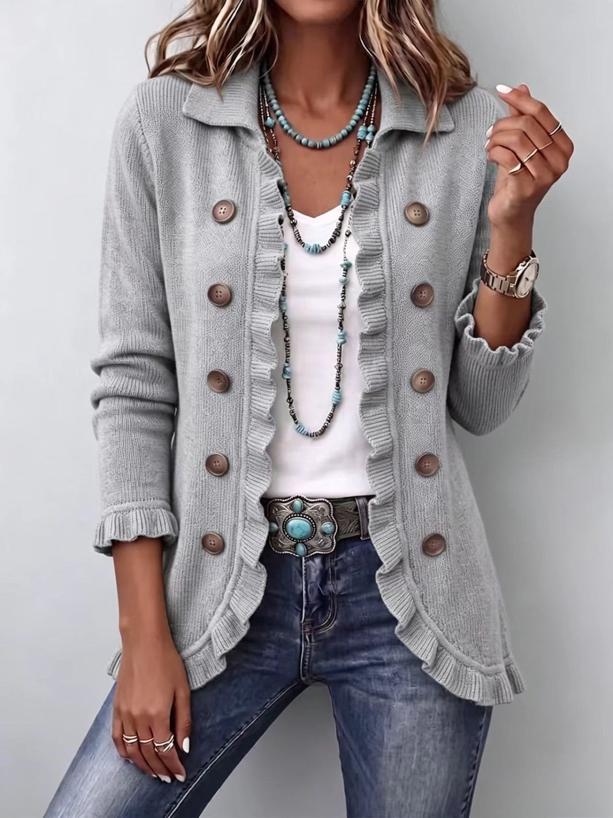 Chaqueta de punto con volantes gris jaspeado