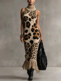 Vestido largo de punto con leopardo y flecos