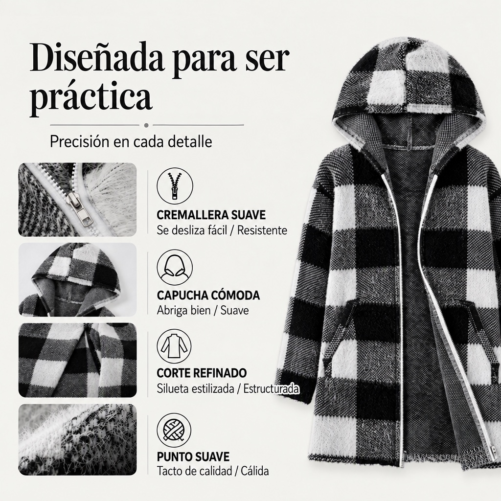 Chaqueta de cuadros con capucha y cremallera para mujer
