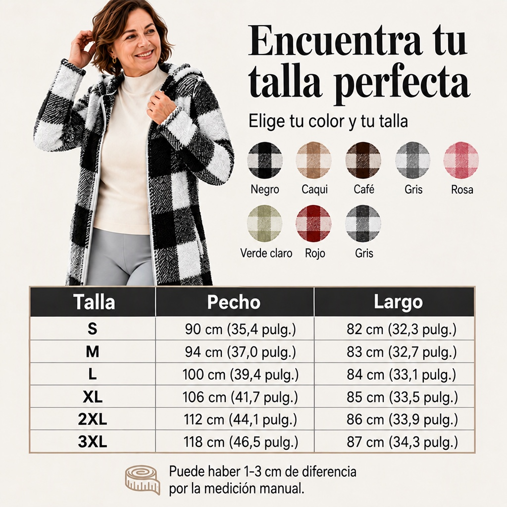 Chaqueta de cuadros con capucha y cremallera para mujer