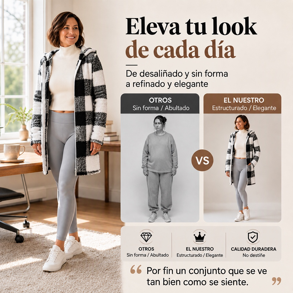 Chaqueta de cuadros con capucha y cremallera para mujer