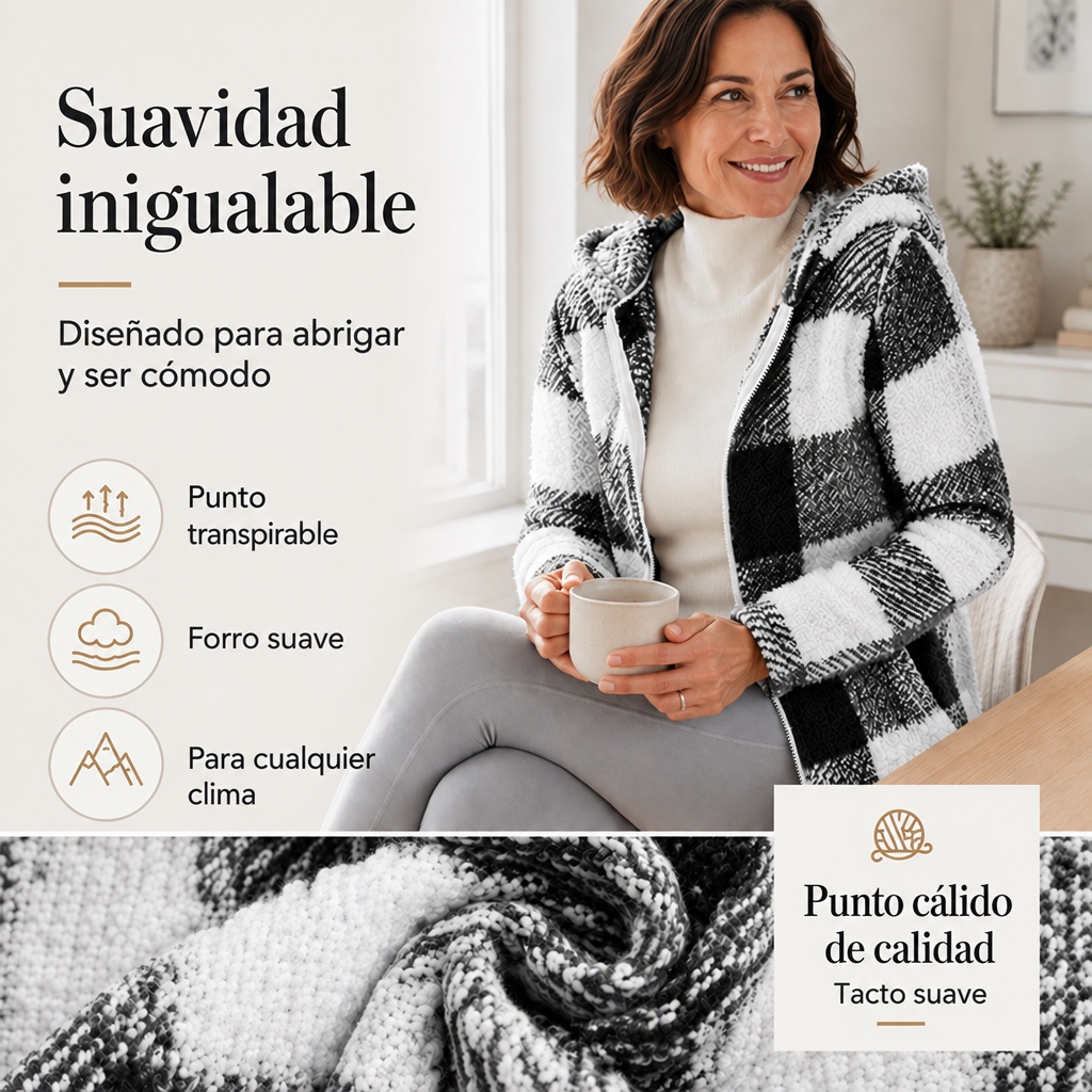 Chaqueta de cuadros con capucha y cremallera para mujer
