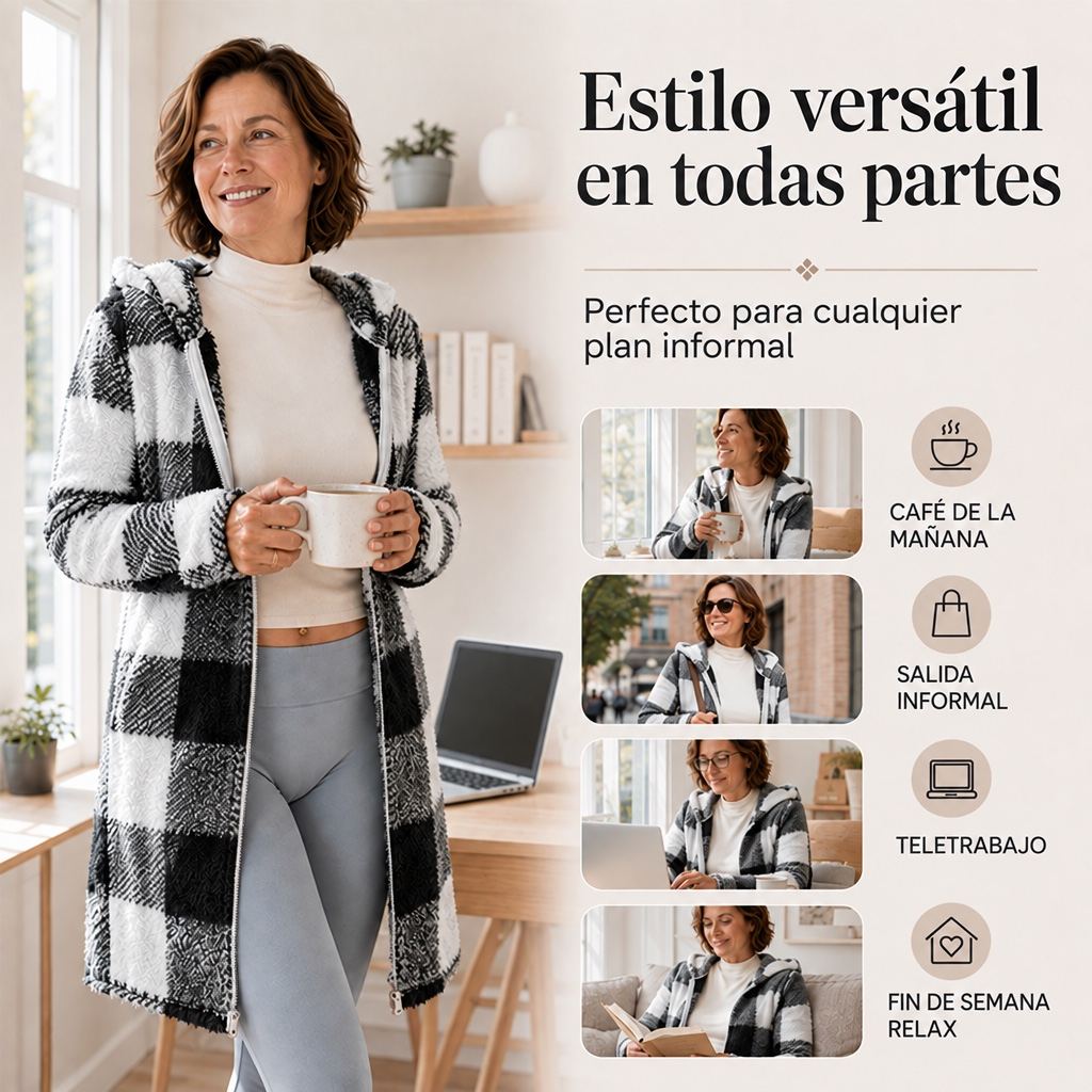 Chaqueta de cuadros con capucha y cremallera para mujer