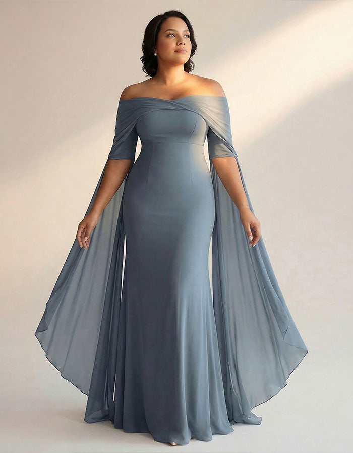 Vestido largo de gasa gris azulado con hombros descubiertos
