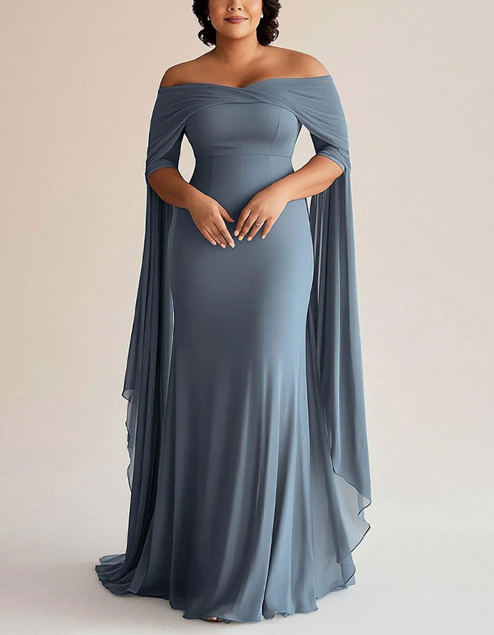 Vestido largo de gasa gris azulado con hombros descubiertos