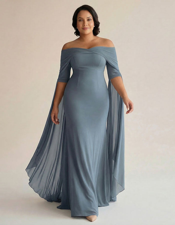 Vestido largo de gasa gris azulado con hombros descubiertos