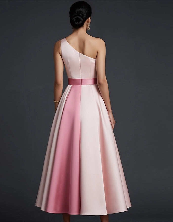 Vestido midi de satén con hombro asimétrico