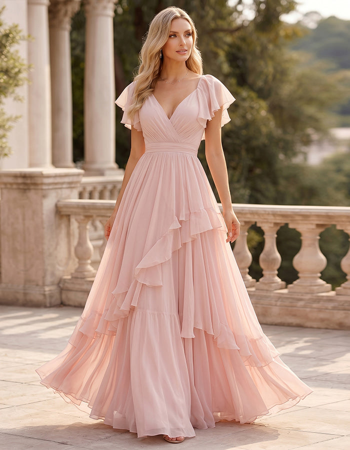 Vestido largo rosa de chifón con volantes