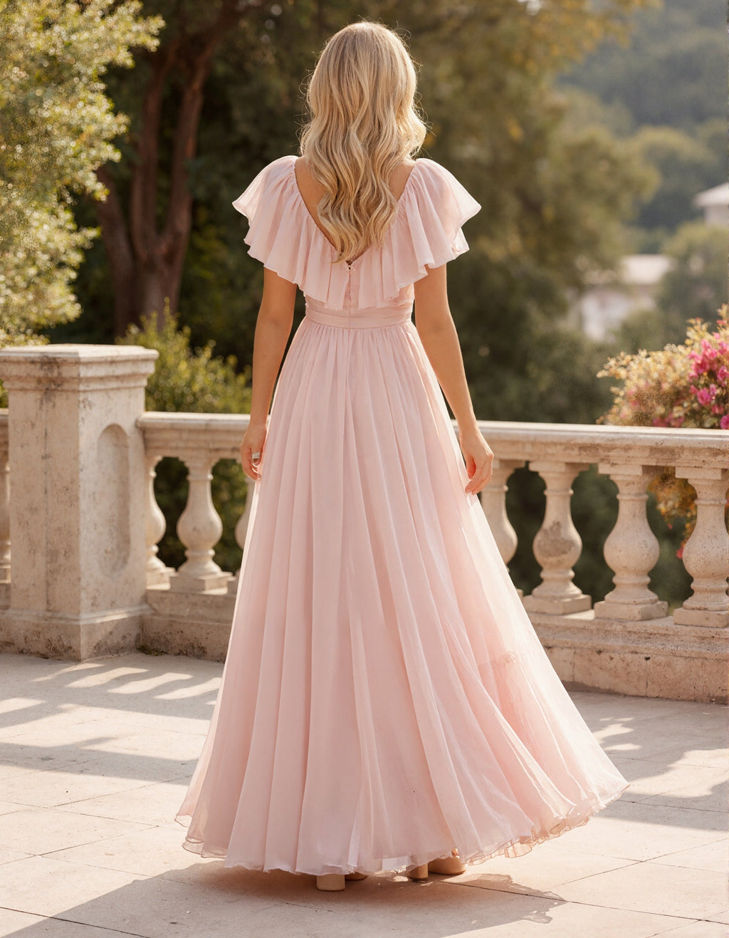 Vestido largo rosa de chifón con volantes