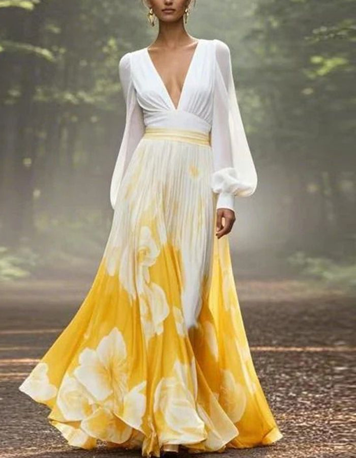 Vestido largo blanco y amarillo