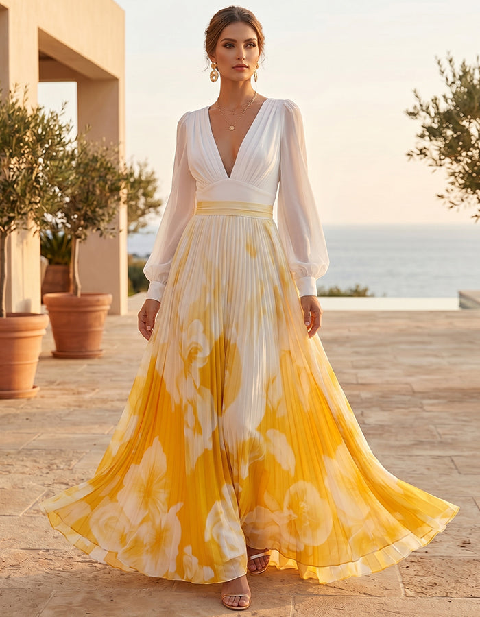 Vestido largo blanco y amarillo