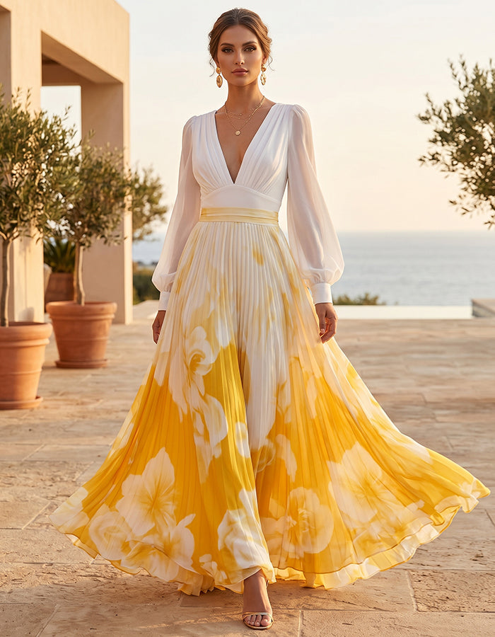 Vestido largo blanco y amarillo