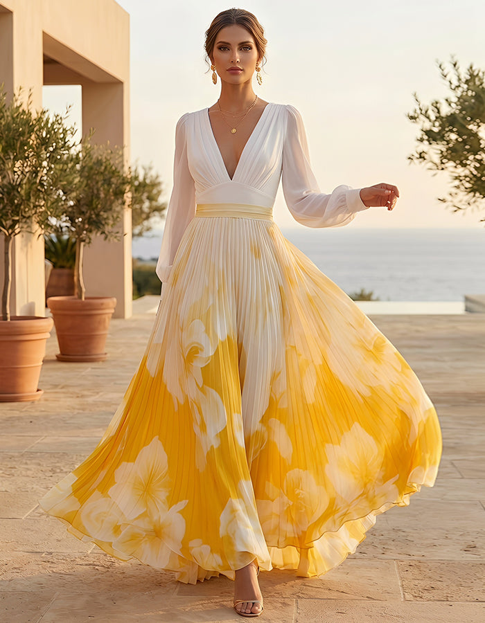Vestido largo blanco y amarillo