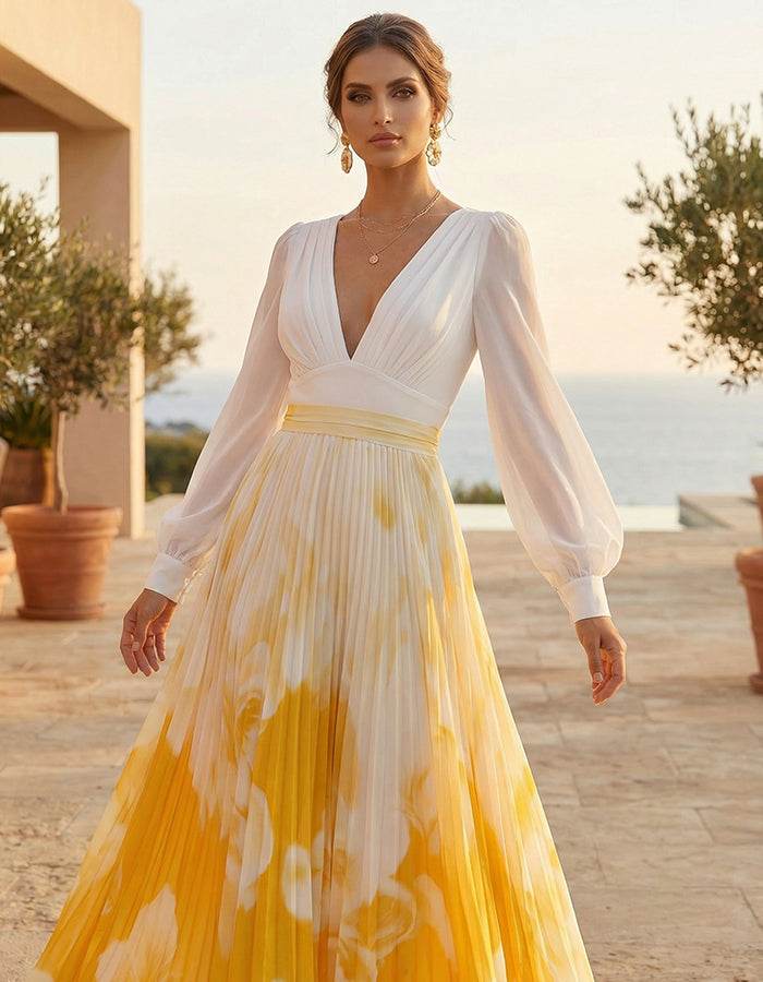 Vestido largo blanco y amarillo