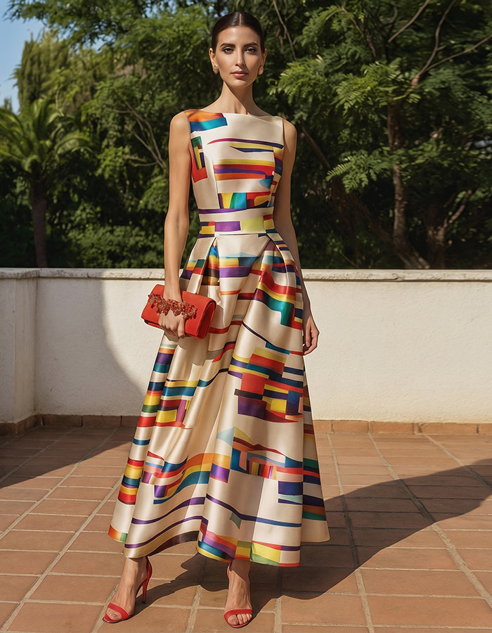 Vestido largo de satén con estampado geométrico
