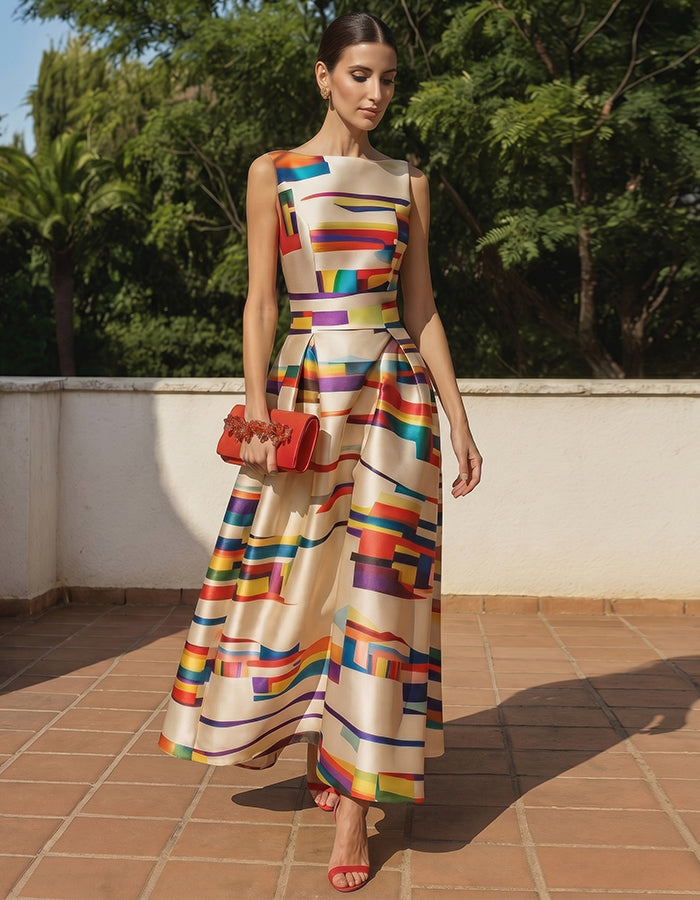 Vestido largo de satén con estampado geométrico
