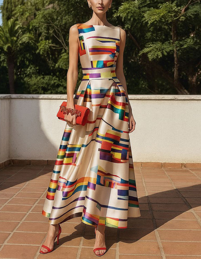 Vestido largo de satén con estampado geométrico