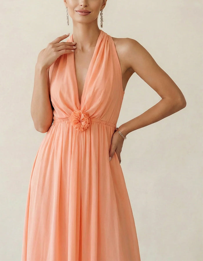 Vestido largo escote halter rosa coral