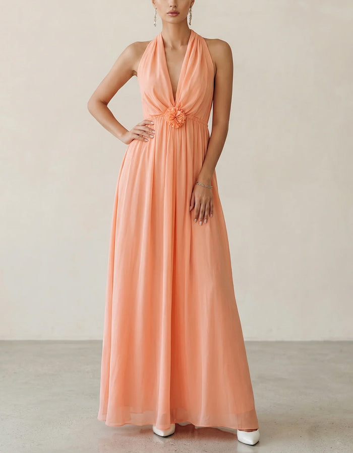 Vestido largo escote halter rosa coral