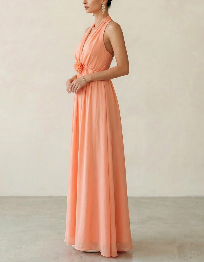 Vestido largo escote halter rosa coral