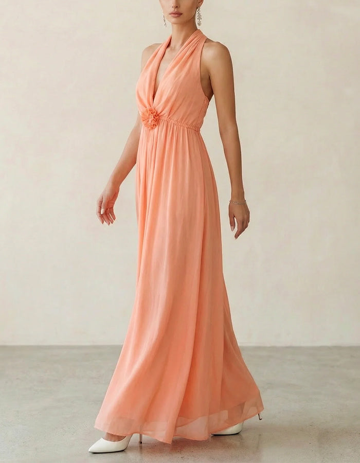 Vestido largo escote halter rosa coral