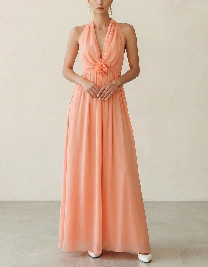 Vestido largo escote halter rosa coral