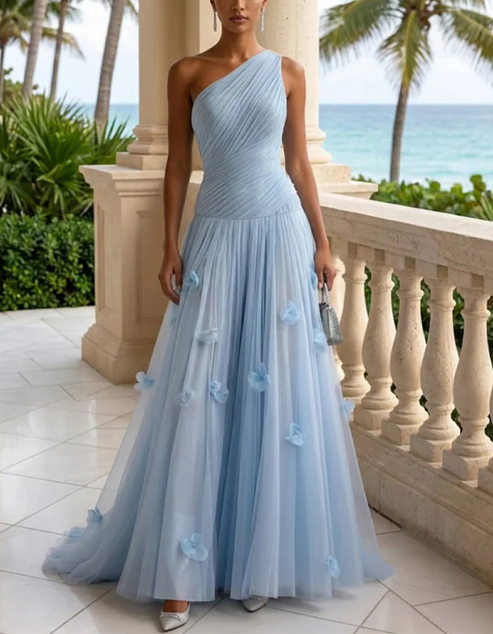 Vestido largo asimétrico azul hielo con flores 3D