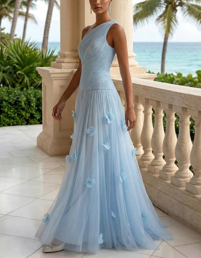 Vestido largo asimétrico azul hielo con flores 3D