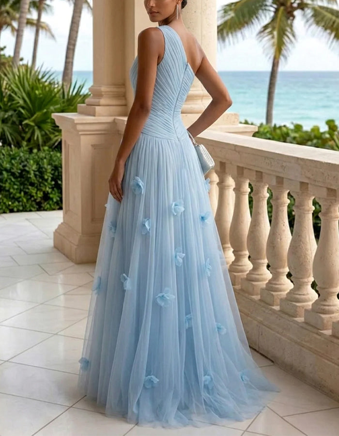 Vestido largo asimétrico azul hielo con flores 3D