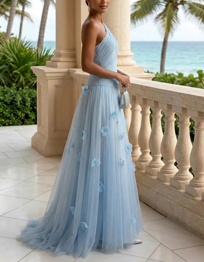 Vestido largo asimétrico azul hielo con flores 3D