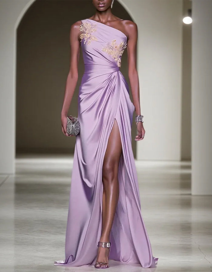 Vestido largo malva de un hombro con aplique