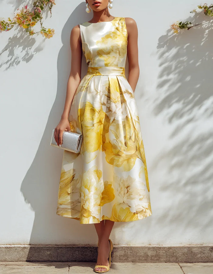 Vestido midi floral amarillo con cintura ceñida
