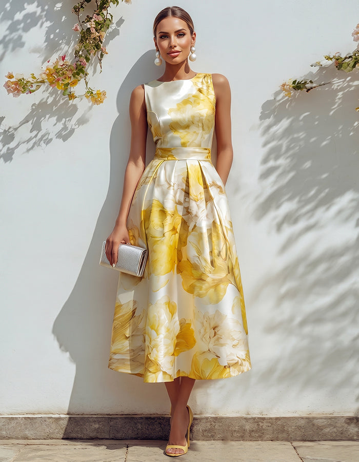 Vestido midi floral amarillo con cintura ceñida