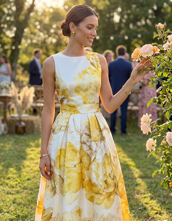Vestido midi floral amarillo con cintura ceñida