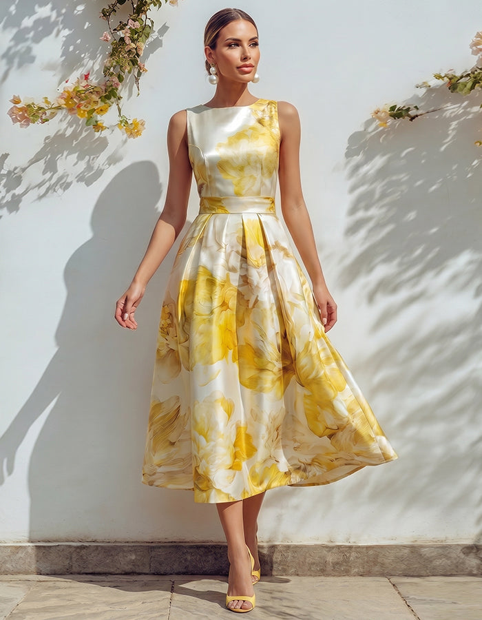 Vestido midi floral amarillo con cintura ceñida