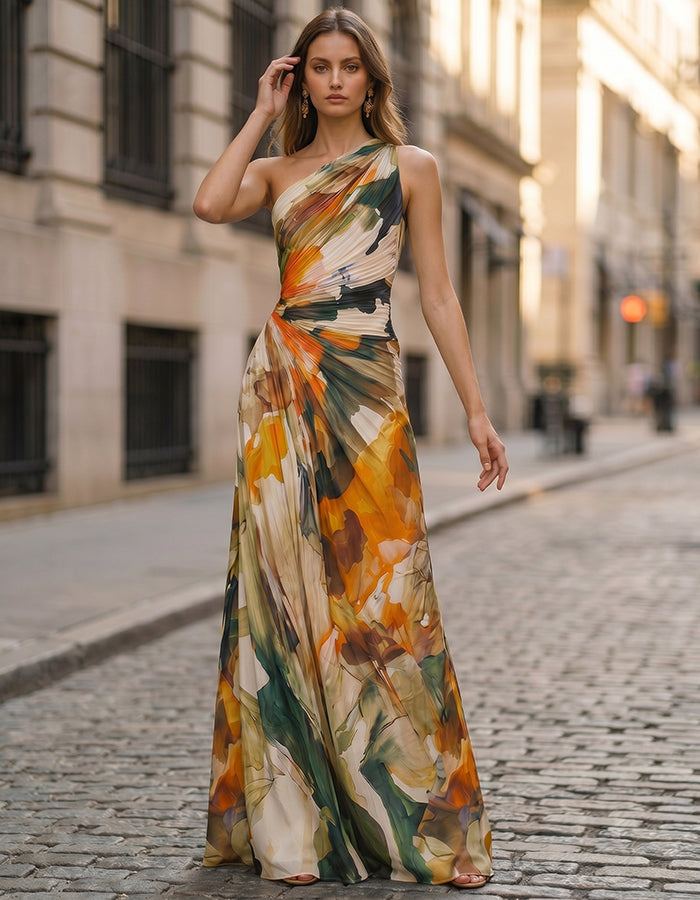 Vestido largo de gasa un hombro estampado floral