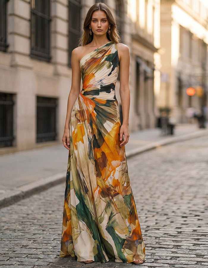 Vestido largo de gasa un hombro estampado floral