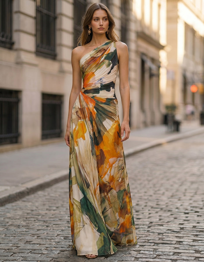 Vestido largo de gasa un hombro estampado floral