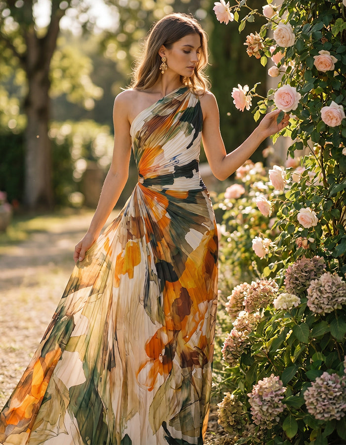 Vestido largo de gasa un hombro estampado floral