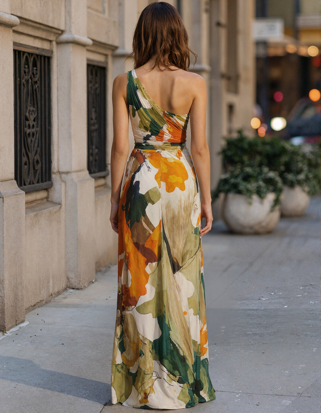 Vestido largo de gasa un hombro estampado floral