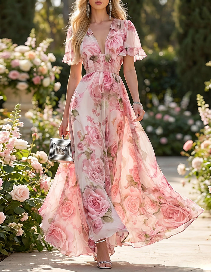 Vestido largo de gasa con escote en v y estampado de rosas