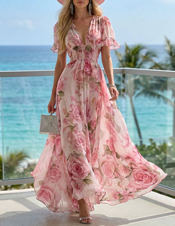 Vestido largo de gasa con escote en v y estampado de rosas