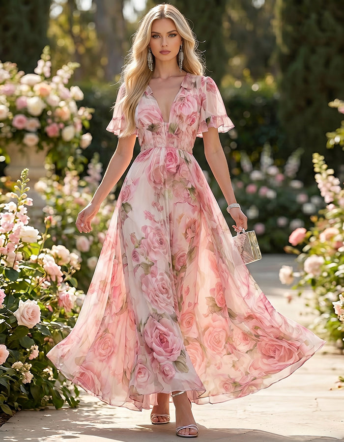 Vestido largo de gasa con escote en v y estampado de rosas