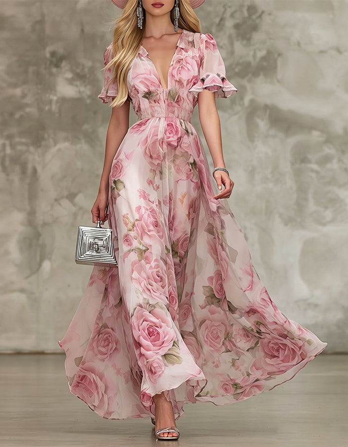 Vestido largo de gasa con escote en v y estampado de rosas