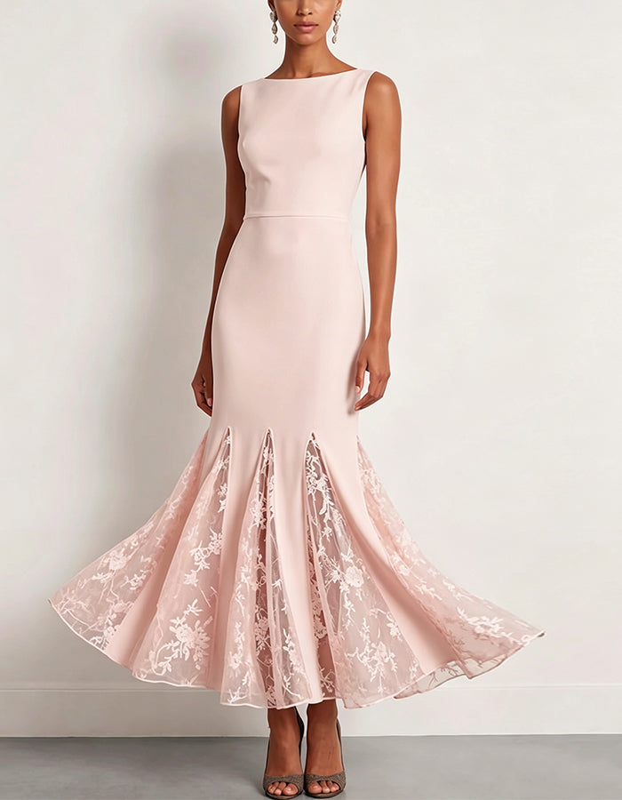 Vestido largo rosa con encaje de patchwork