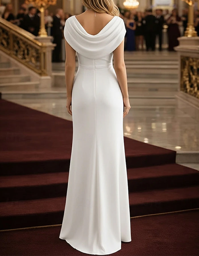 Vestido largo liso con cuello drapeado y falda sirena