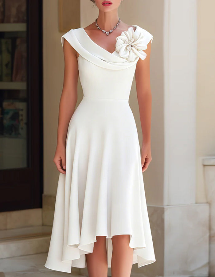 Vestido midi liso con cuello drapeado y flores 3D