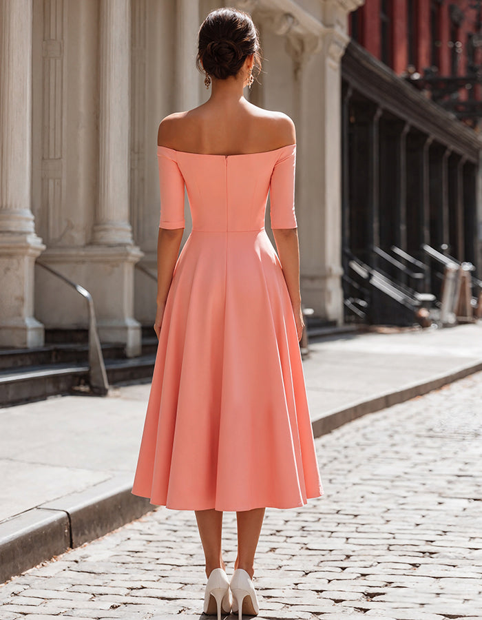 Vestido midi de hombros descubiertos en rosa coral