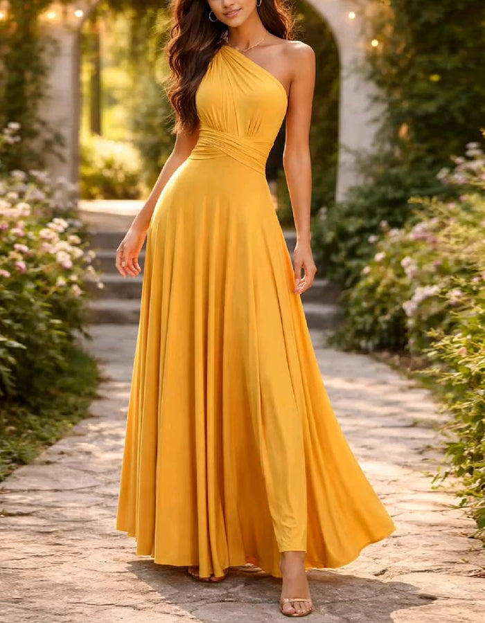 Vestido largo amarillo con escote palabra de honor